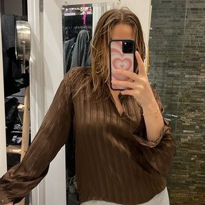 Vintage Saint Laurent Chocolate Brown Silk V Neck Blouse